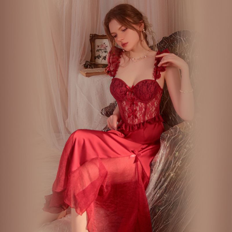 复古法式宫廷轻奢私房性感睡衣红色蕾丝带胸垫吊带睡裙浪漫新娘装