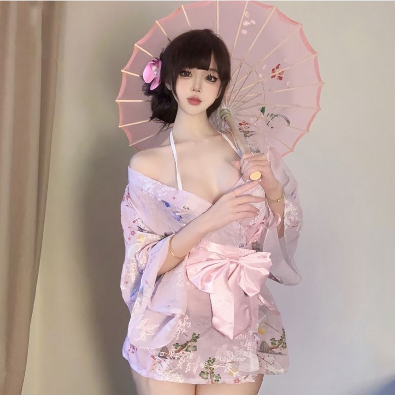 日系性感风深V领和服连衣裙收腰蝴蝶结睡衣少女修身制服短裙浴袍