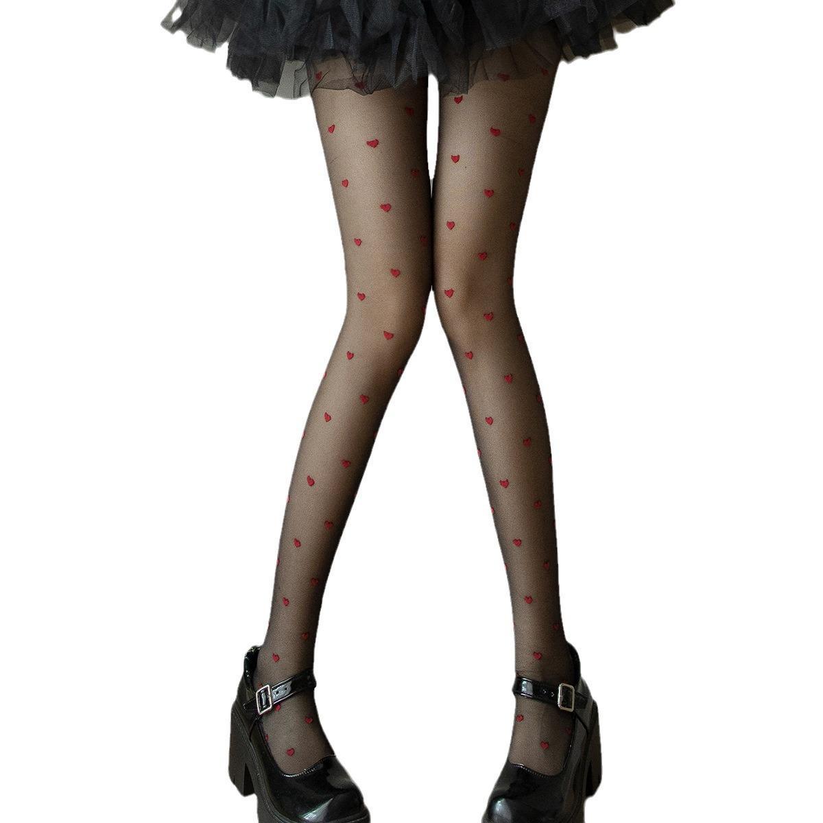 Silk Stockings Red Wrapped Small Heart Slimming Sexy and Skin Penetrating Jacquard 2024 Jumpsuit Black Socks_voghion.com