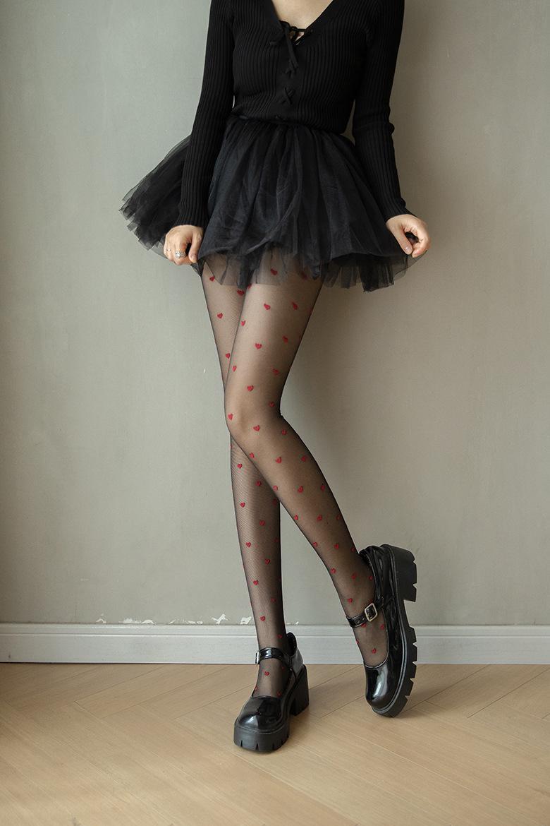 Silk Stockings Red Wrapped Small Heart Slimming Sexy and Skin Penetrating Jacquard 2024 Jumpsuit Black Socks_voghion.com