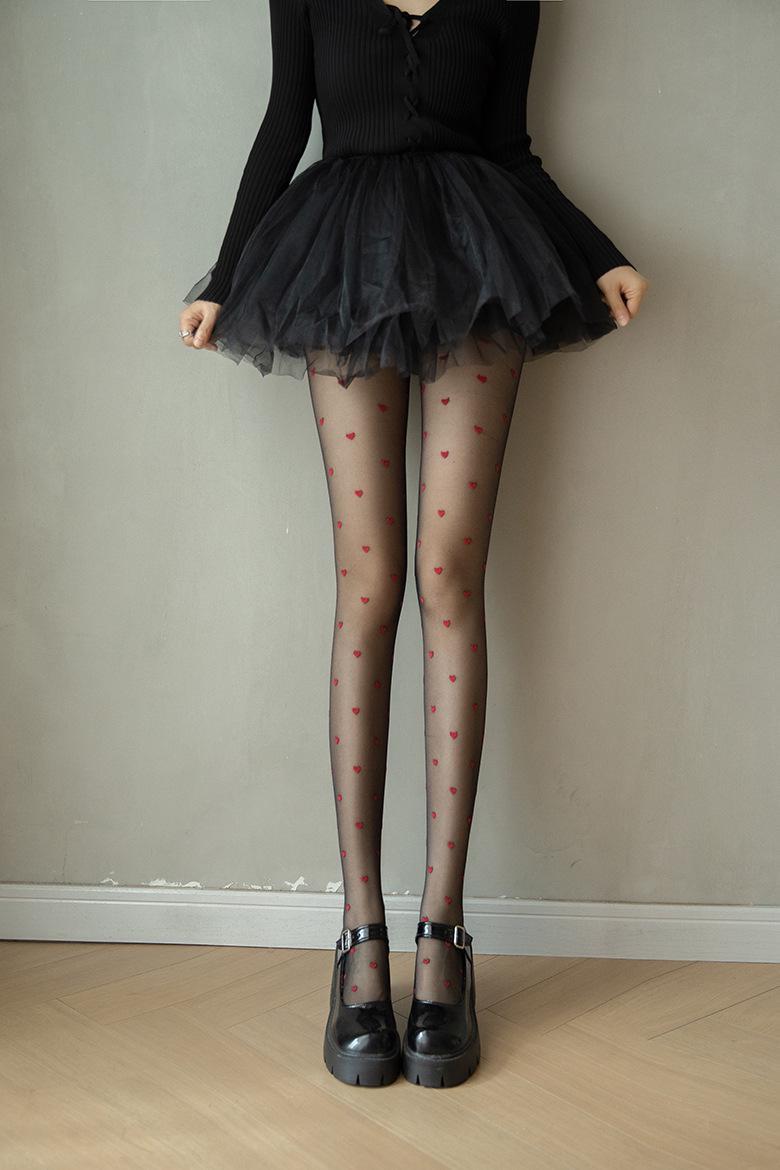 Silk Stockings Red Wrapped Small Heart Slimming Sexy and Skin Penetrating Jacquard 2024 Jumpsuit Black Socks_voghion.com