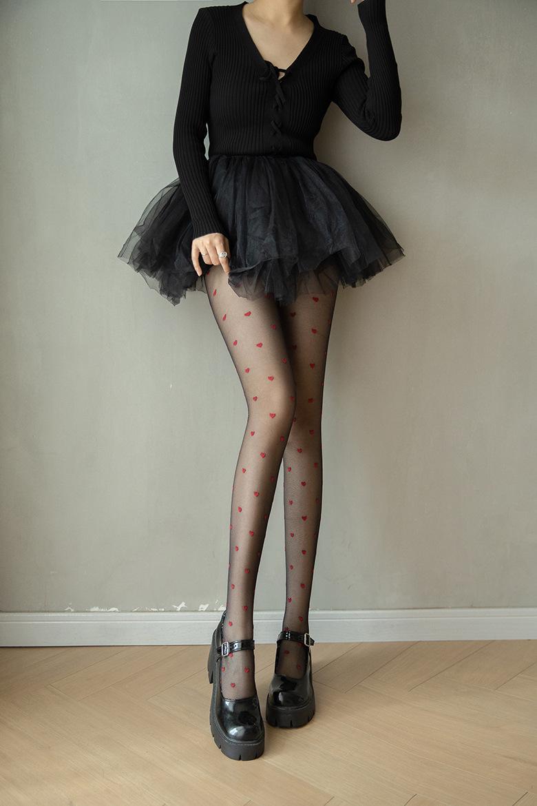 Silk Stockings Red Wrapped Small Heart Slimming Sexy and Skin Penetrating Jacquard 2024 Jumpsuit Black Socks_voghion.com