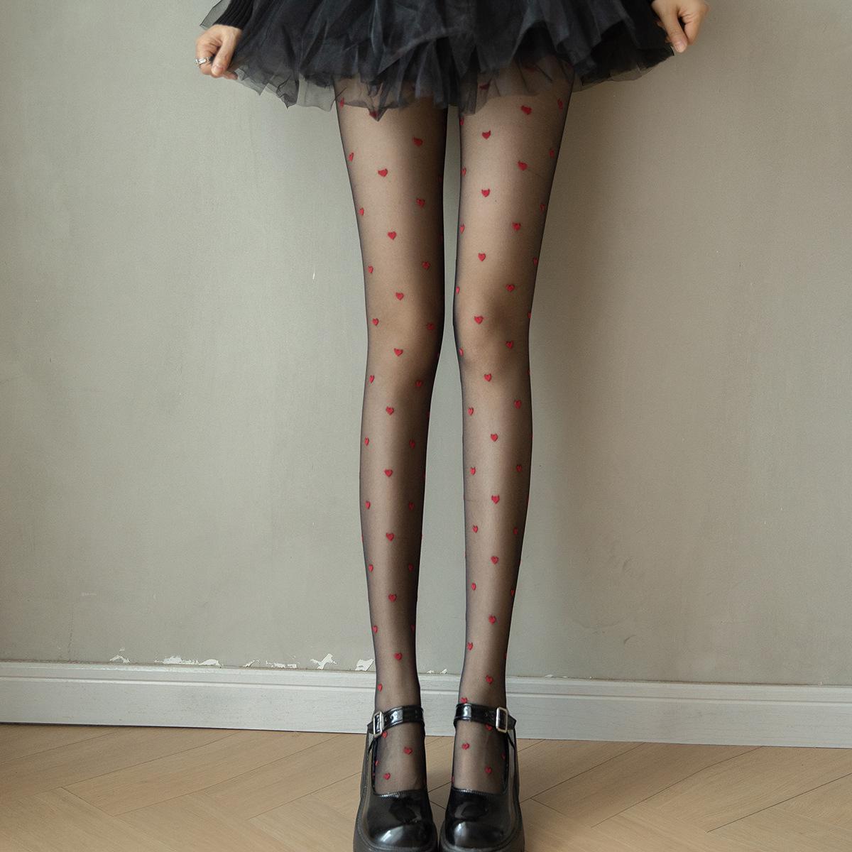 Silk Stockings Red Wrapped Small Heart Slimming Sexy and Skin Penetrating Jacquard 2024 Jumpsuit Black Socks_voghion.com
