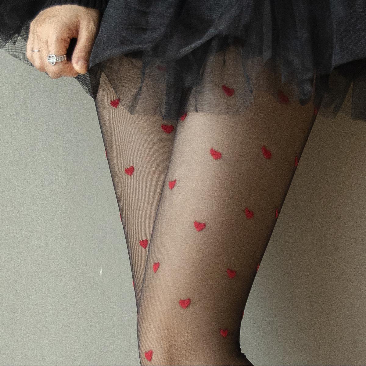 Silk Stockings Red Wrapped Small Heart Slimming Sexy and Skin Penetrating Jacquard 2024 Jumpsuit Black Socks_voghion.com
